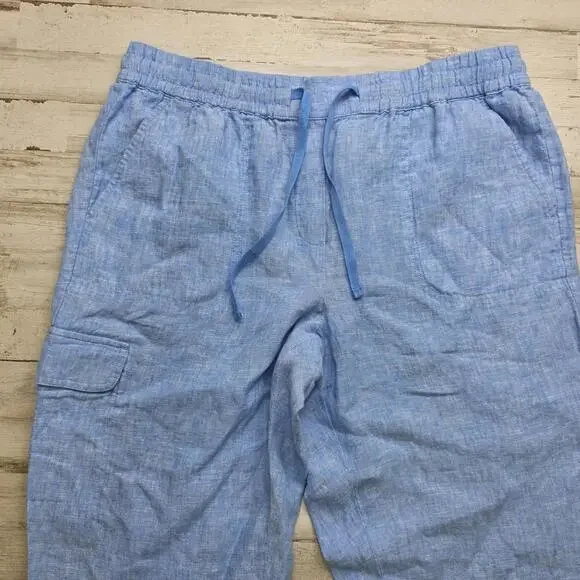 Talbots Pants Womens XL Blue 100% Linen Drawstring Elastic Waist Cargo Pocket - Picture 2 of 8